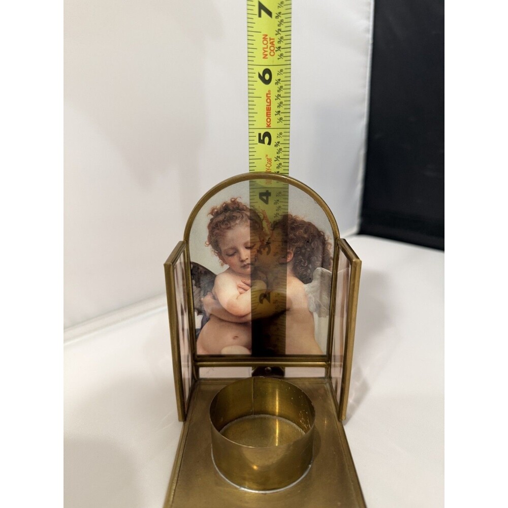 Vintage Enesco Cherub Angel Brass Glass Votive Candle Holder Made Mexico 4.5" - Picture 6 of 7